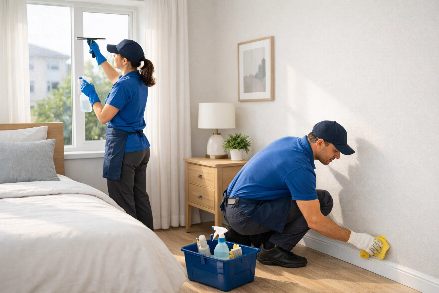 Professional cleaning crew efficiently preparing apartment bedroom for new tenants