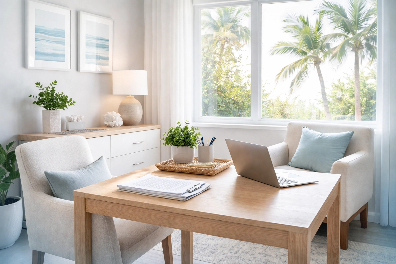 Bright, modern home office in Southwest Florida suggesting confidential real estate consultations