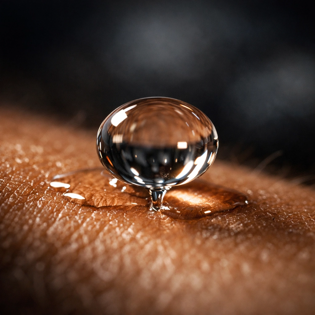 A single drop of lightweight beard oil absorbing into a man's skin for a non-greasy finish.