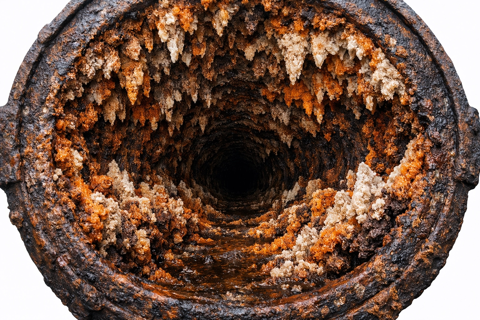 Mineral scale and corrosion encrusted on the interior walls of an aging cast iron sewer pipe.