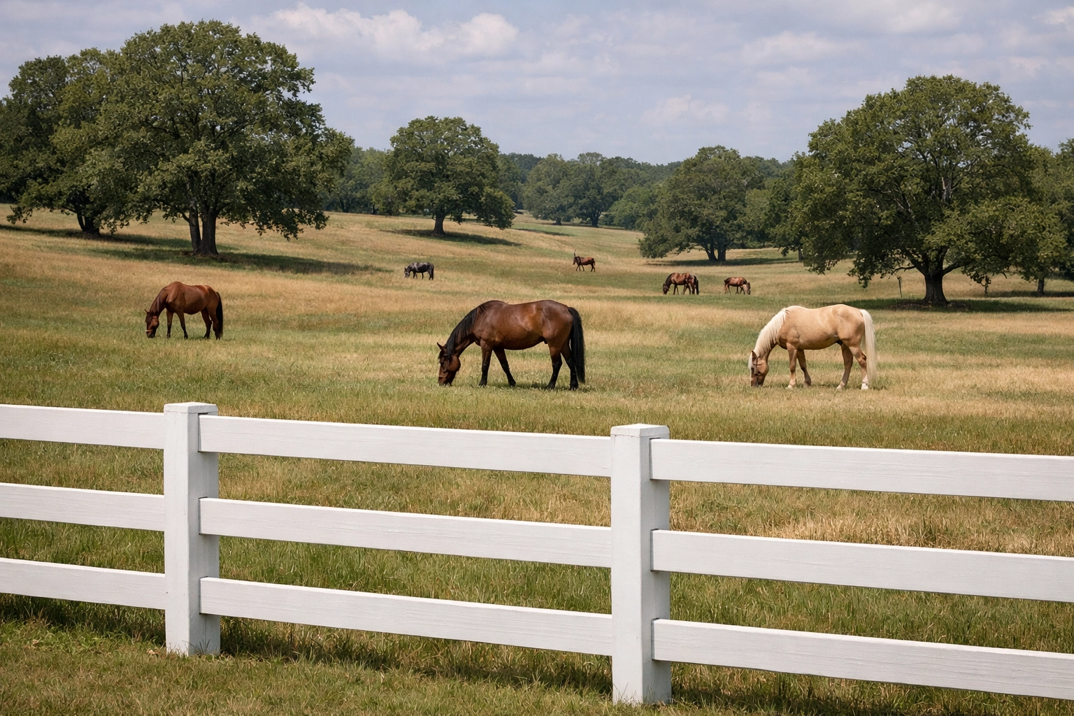 Horses grazing in fenced pasture at Waxhaw NC equestrian property