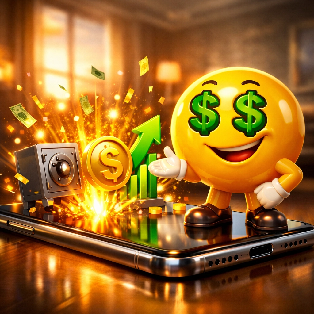 Mr. Dinero mascot on a phone showing personal finance AI insights for saving goals and money management