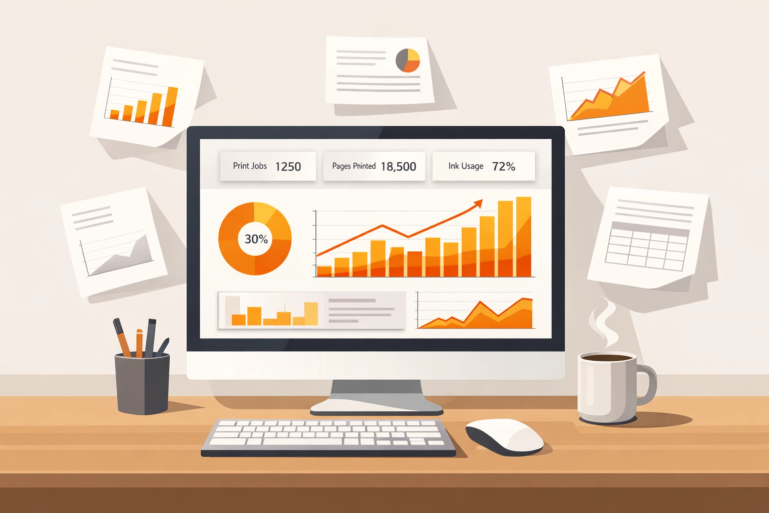 Computer dashboard displaying printing metrics and sustainability analytics data