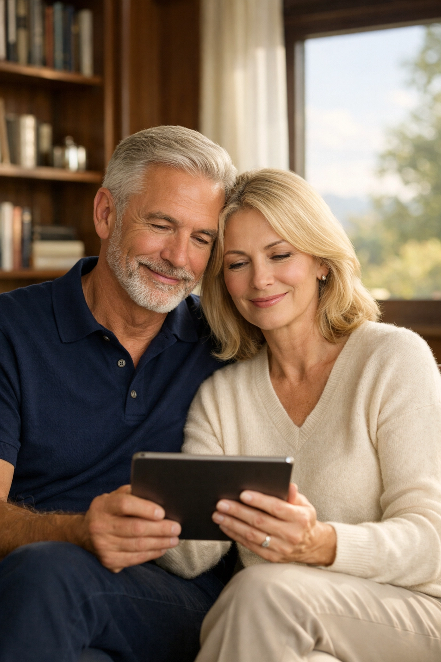 Confident retired couple reviewing their guaranteed retirement income planning strategy for long-term financial peace.