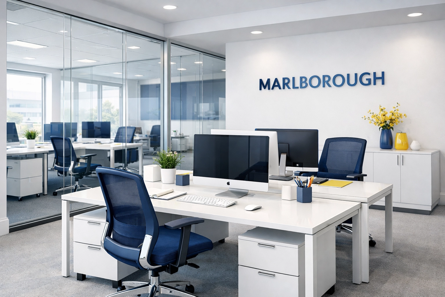 A bright and hygienic modern office space in Marlborough following a professional office cleaning service.
