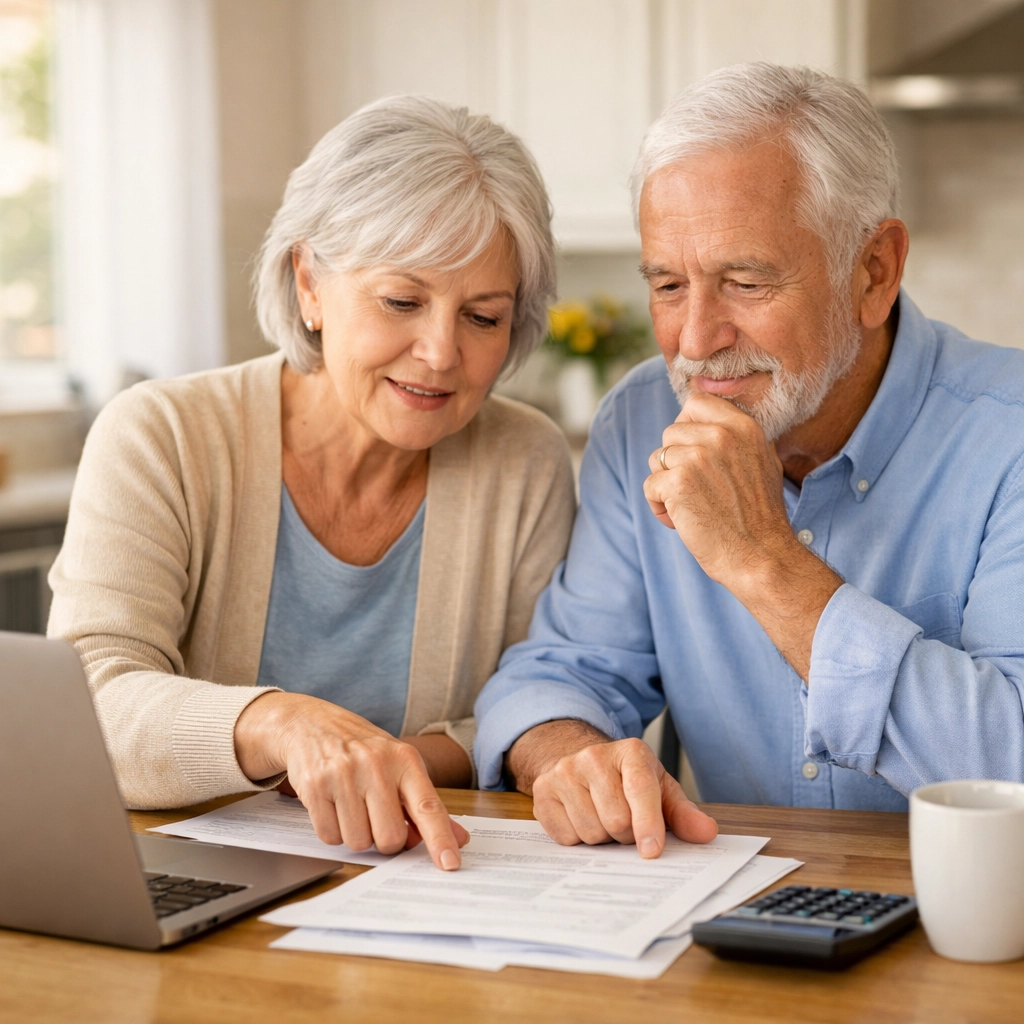 Senior couple reviewing IRA and QCD planning documents for charitable giving at home