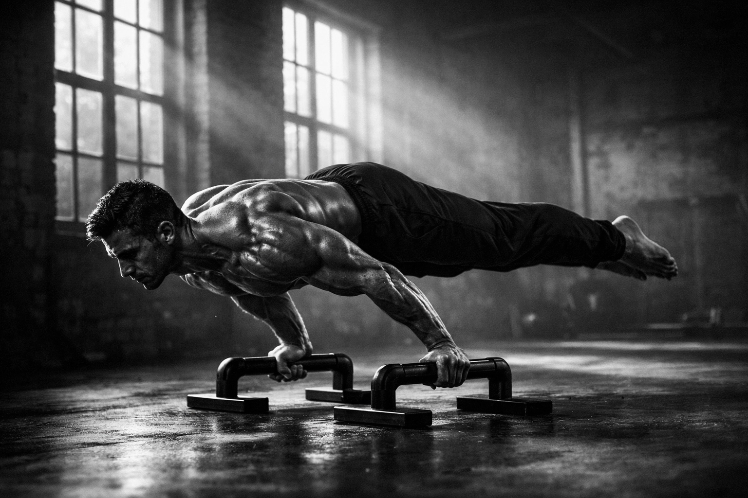 Muscular athlete performing a planche on parallettes as part of a bodyweight training at home routine.