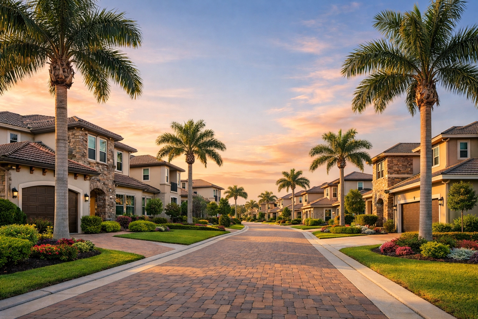 Beautifully manicured street of single-family homes in a Wesley Chapel 55 plus gated community.