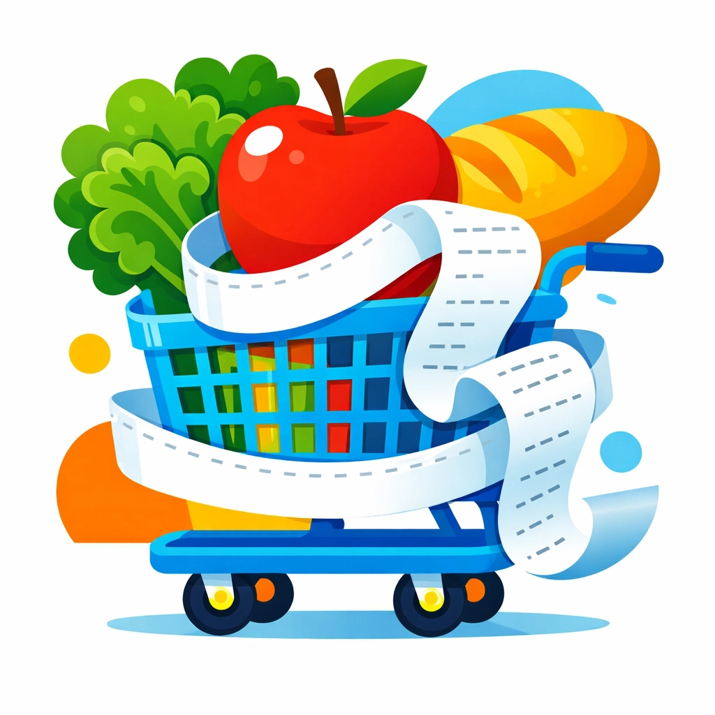 Colorful grocery cart with a long receipt showing the importance of tracking family food spending.