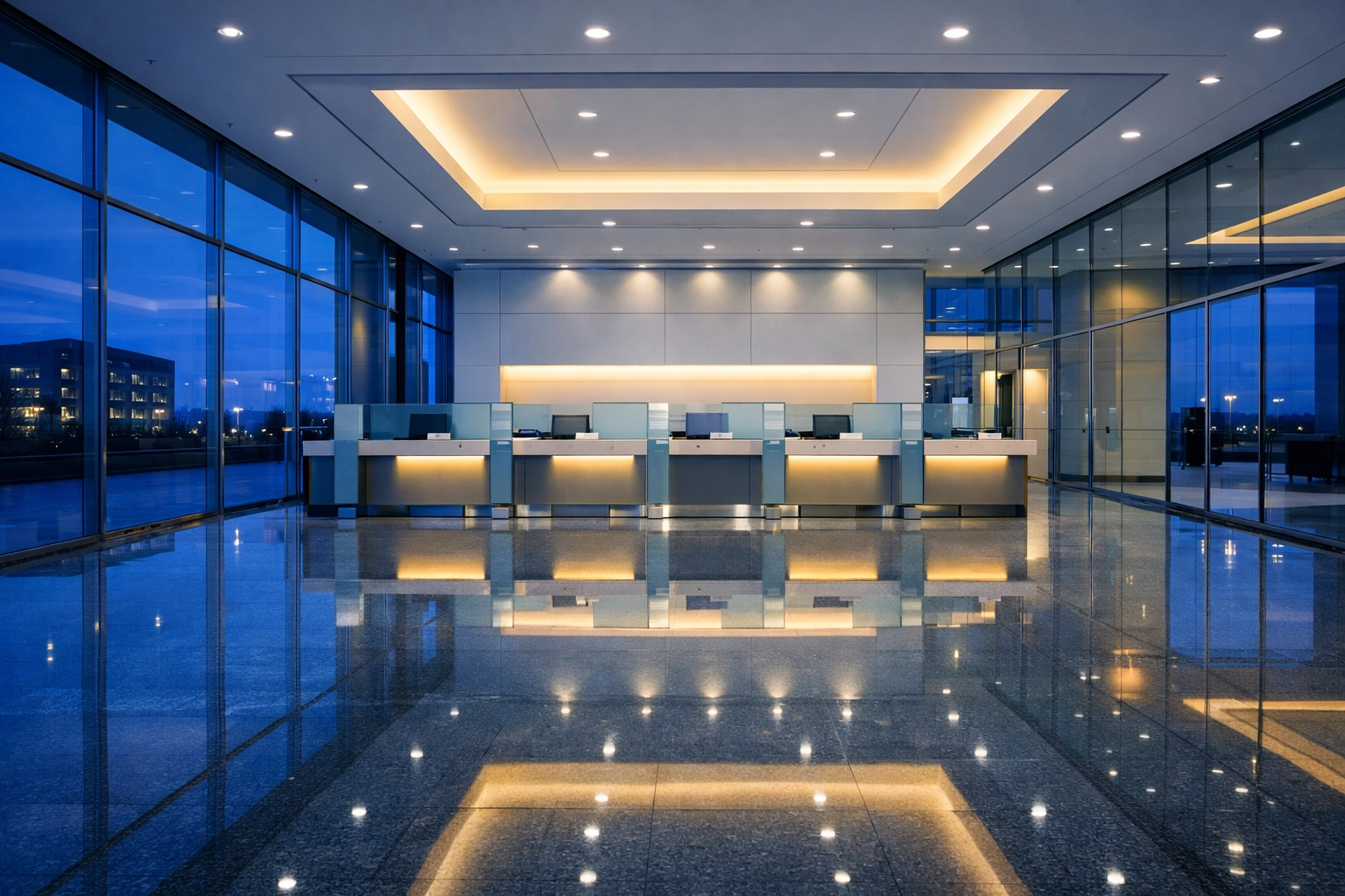 Spotless luxury bank lobby with polished granite floors after professional commercial maintenance.