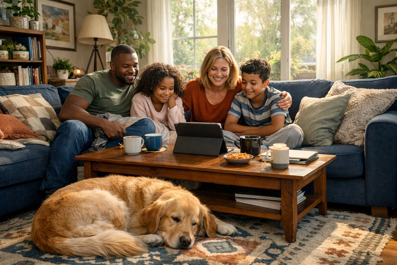 A family relaxes together in their living room for a supportive online mental health counseling session.