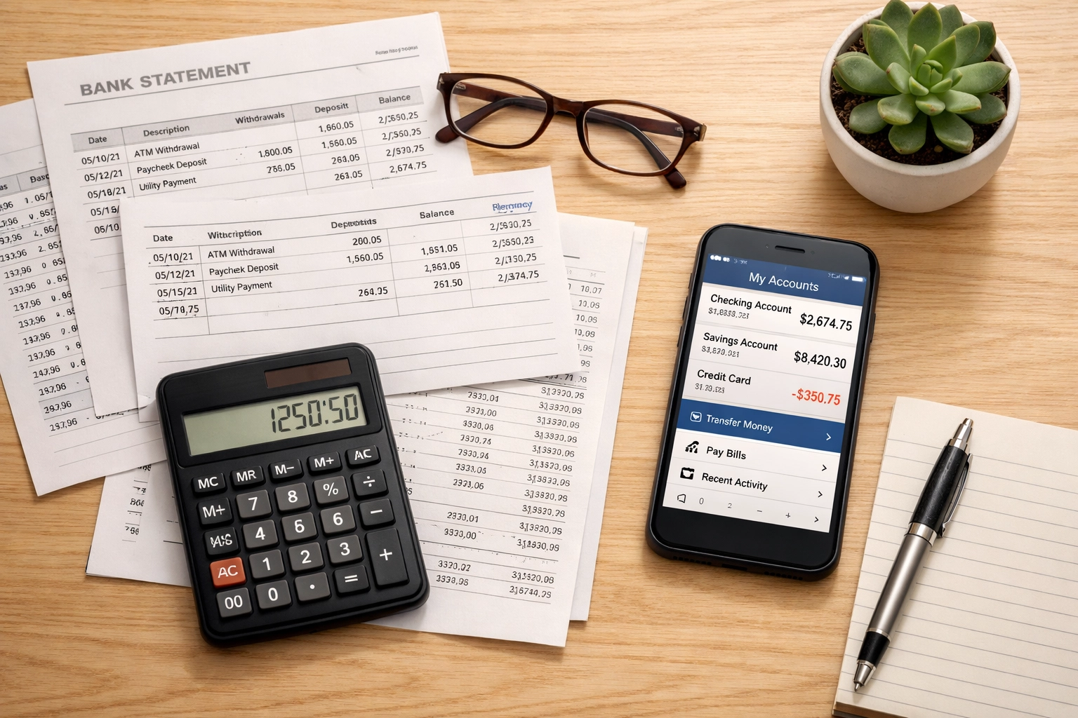 Organized financial documents and bank statements for monthly bookkeeping reconciliation