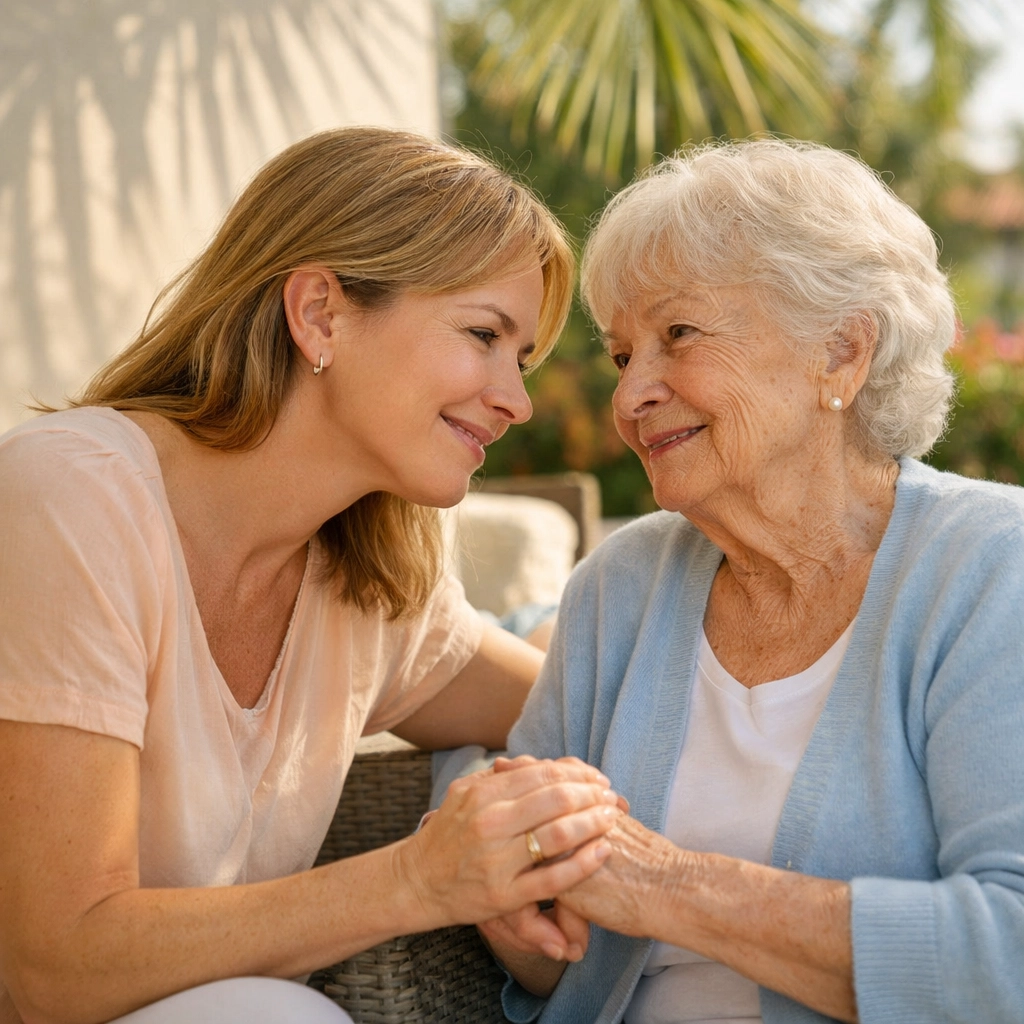 Daughter holding her mother's hand in Sarasota, illustrating an empathetic approach to memory care.