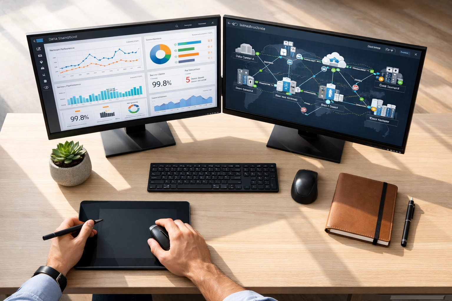 ServiceNow ITOM and ITAM dashboards on professional monitors showing operational data visibility.