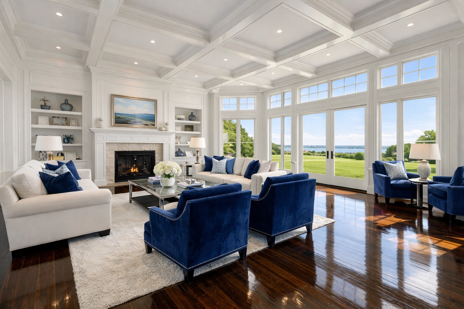 Spotless high-end living room in a Lunenburg estate following a premium house cleaning service.