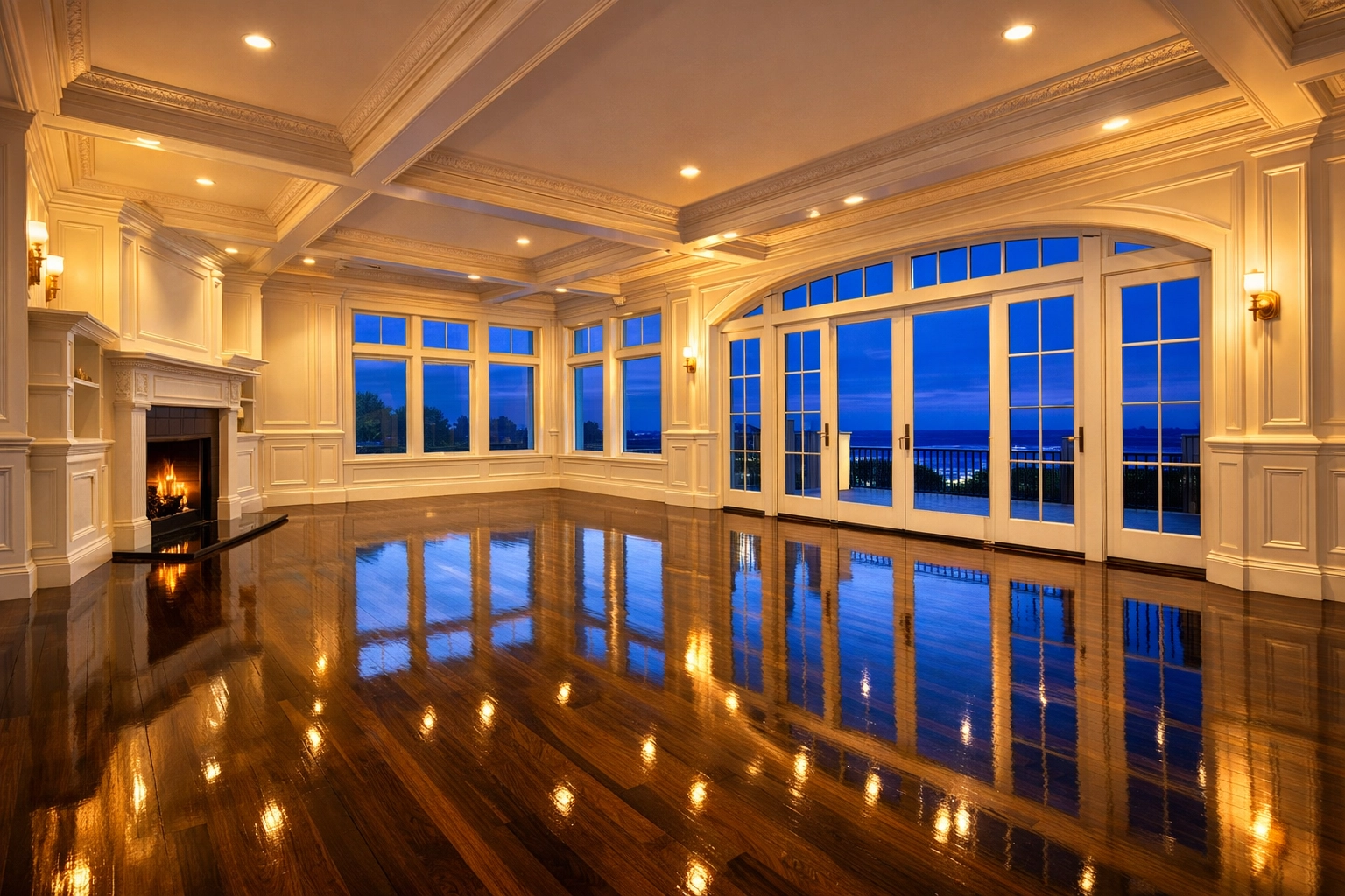 Deep-cleaned Duxbury living room with polished hardwood floors and high-end finishes ready for new homeowners.