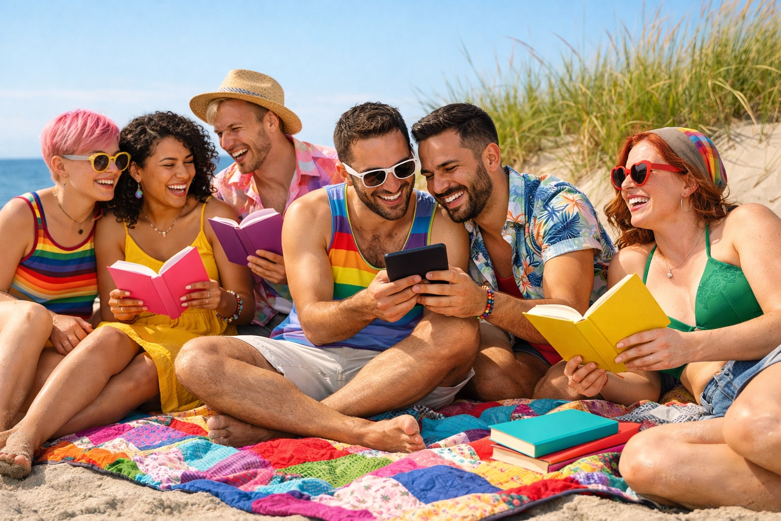 Diverse LGBTQ+ friends reading queer books together on a sunny beach, celebrating the Read with Pride community.