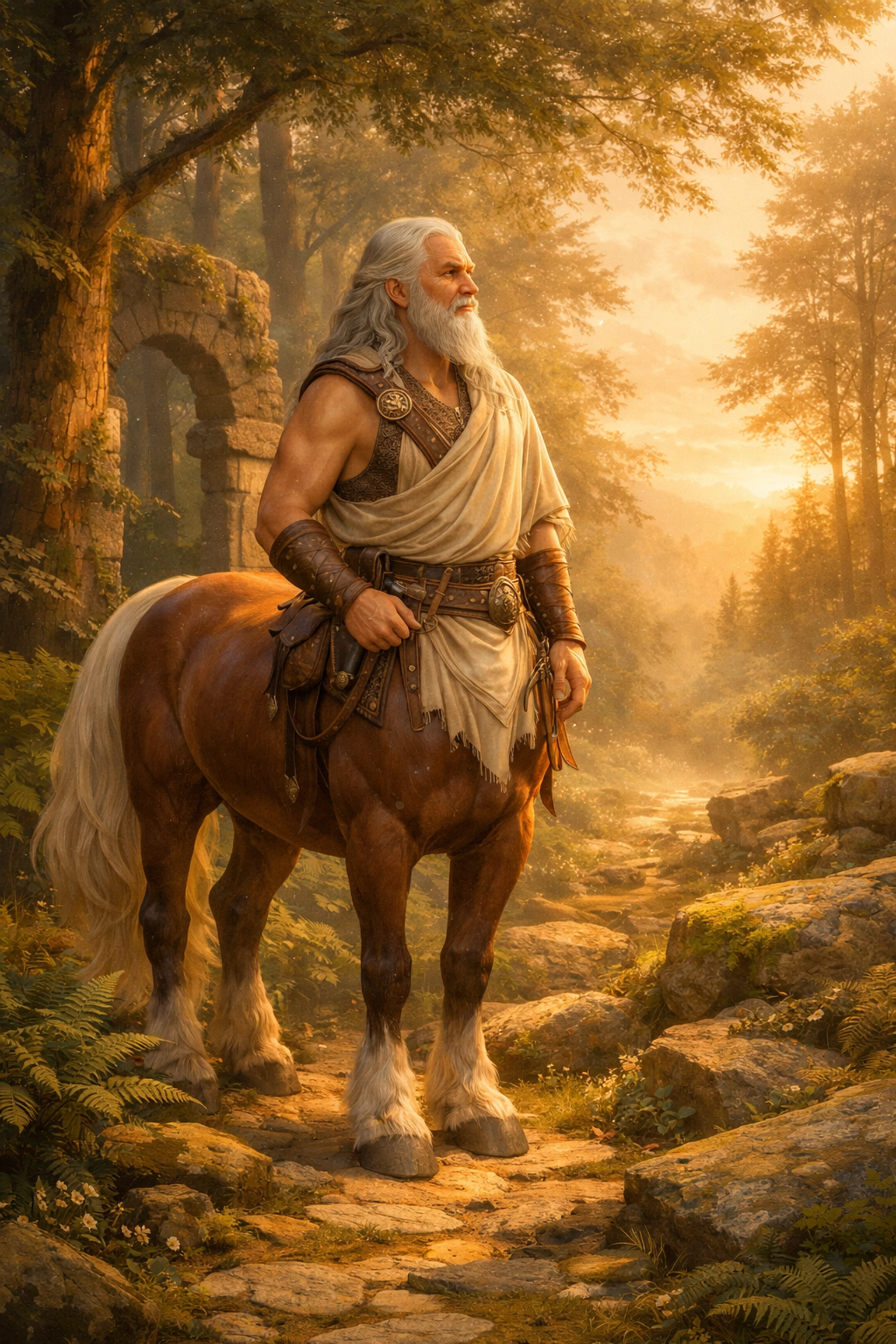 A majestic centaur representing the Wounded Healer archetype standing in a serene, sunlit forest.