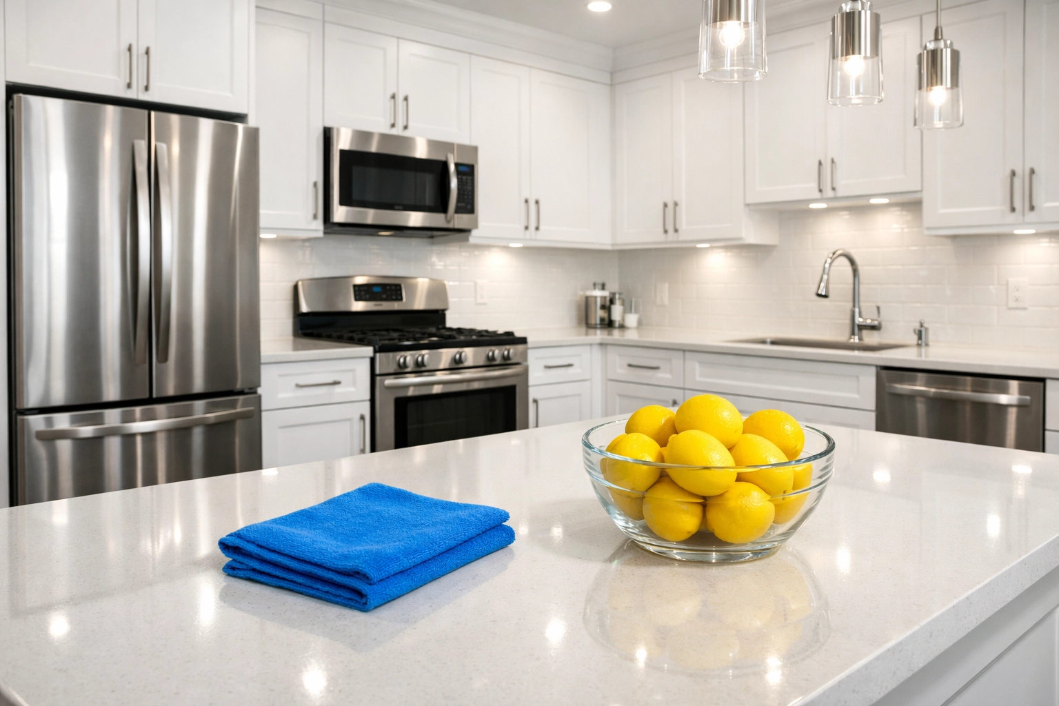 Deep cleaned modern kitchen in a Boston apartment with sparkling white cabinets and quartz countertops.