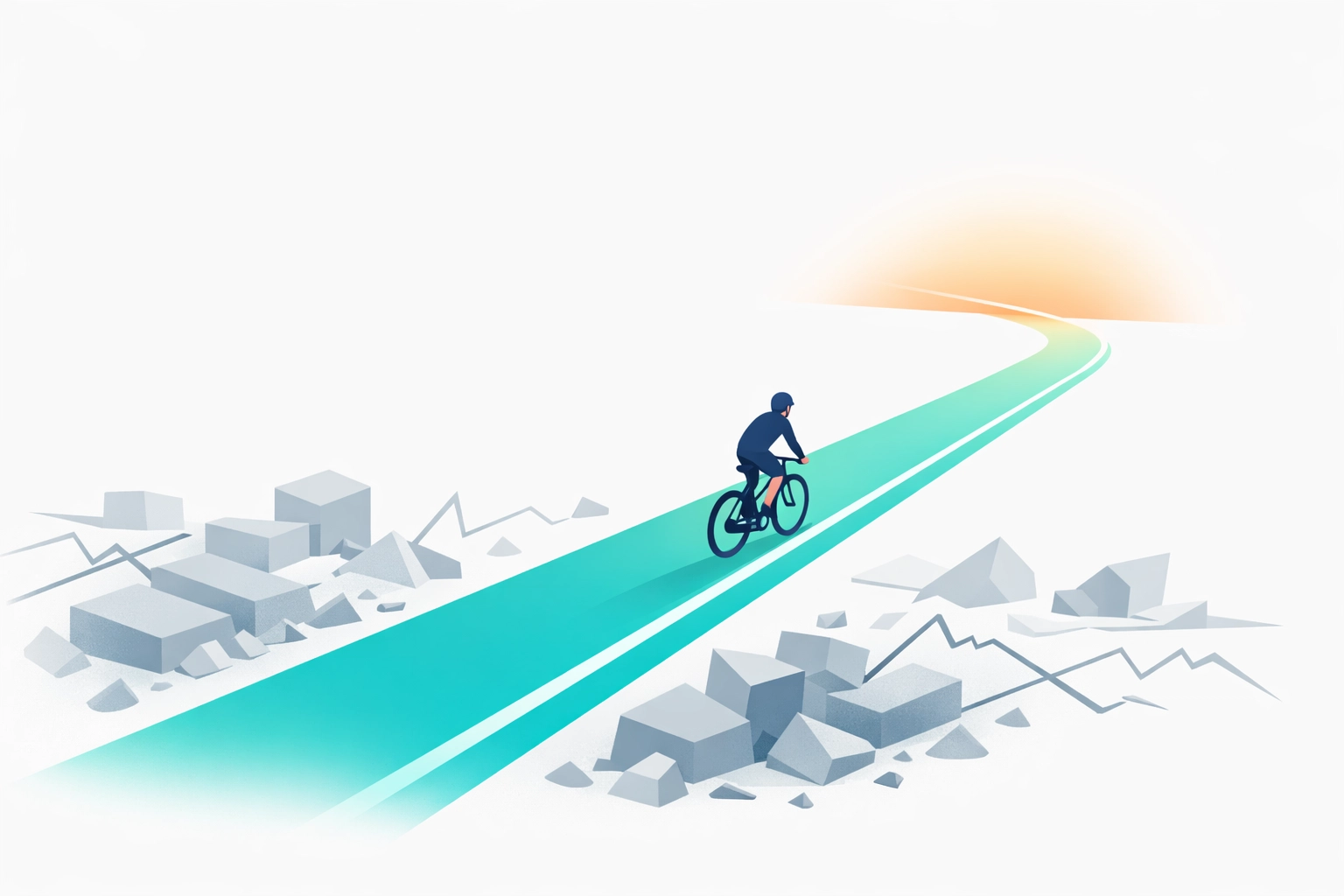 Minimalist illustration of a cyclist moving from disorganized training to a clear structured cycling plan.