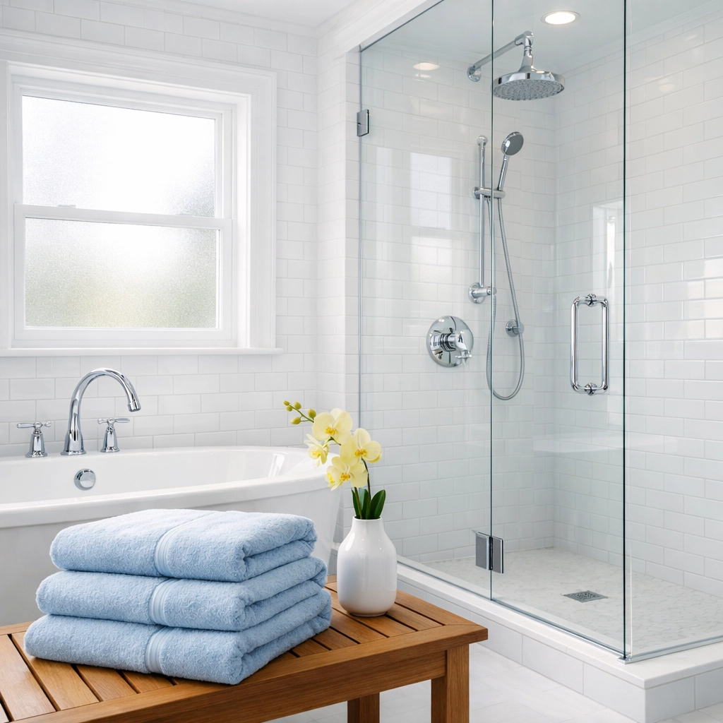 Spotless, sanitized bathroom with polished fixtures following a professional House Cleaning Ashburnham MA service.