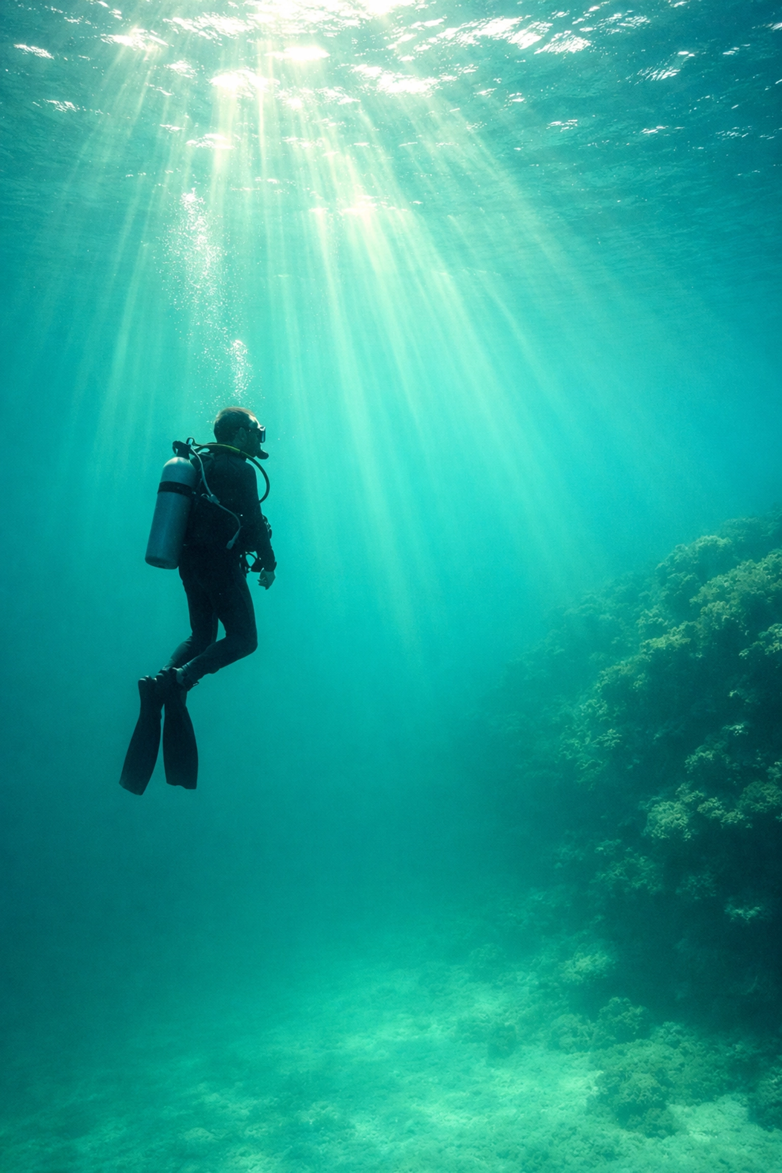 A scuba diver floating weightlessly in the clear emerald waters of the Gulf of Mexico in Pensacola.