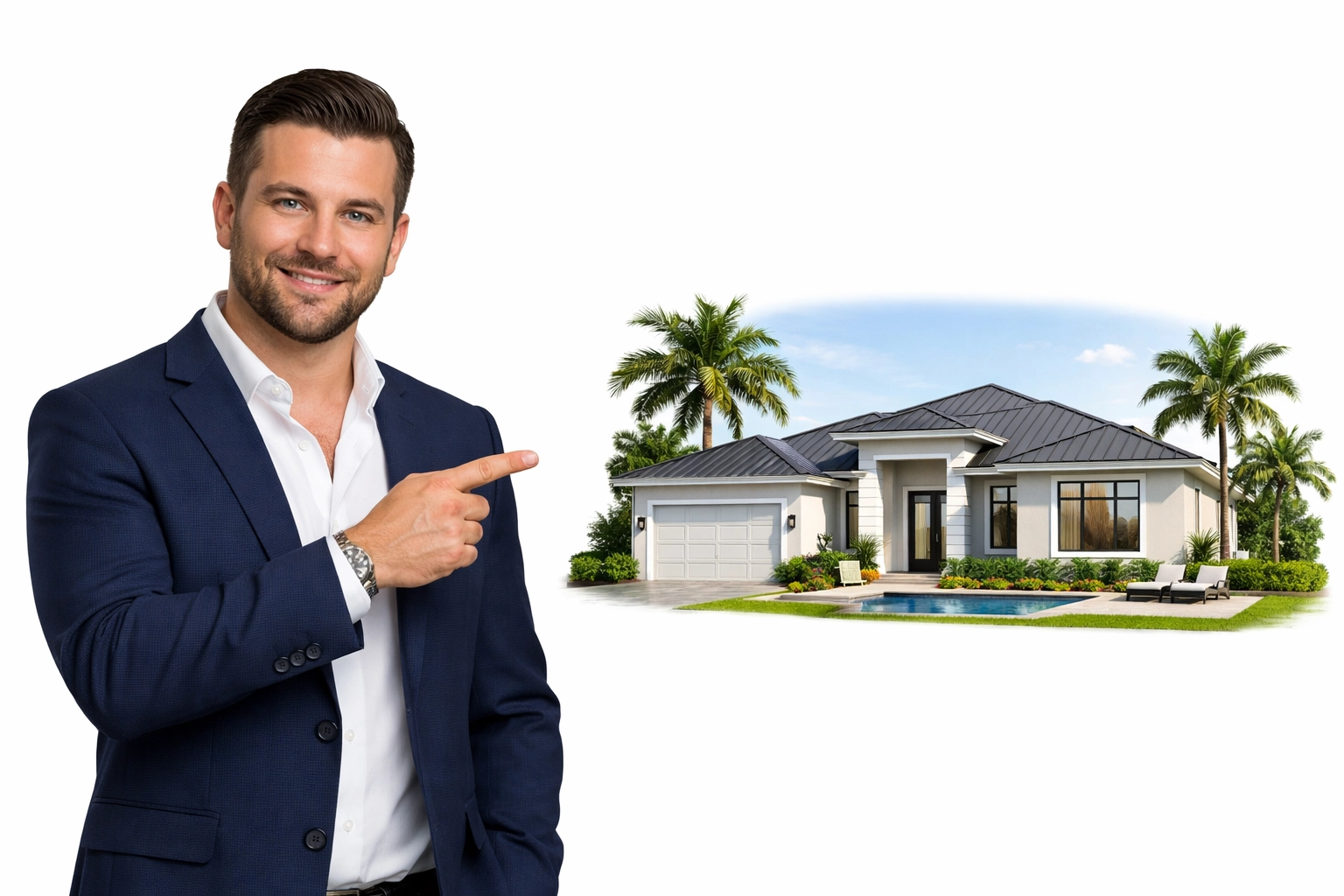 Ilya Kosilov pointing toward a modern Lee County home representing Florida real estate demand.