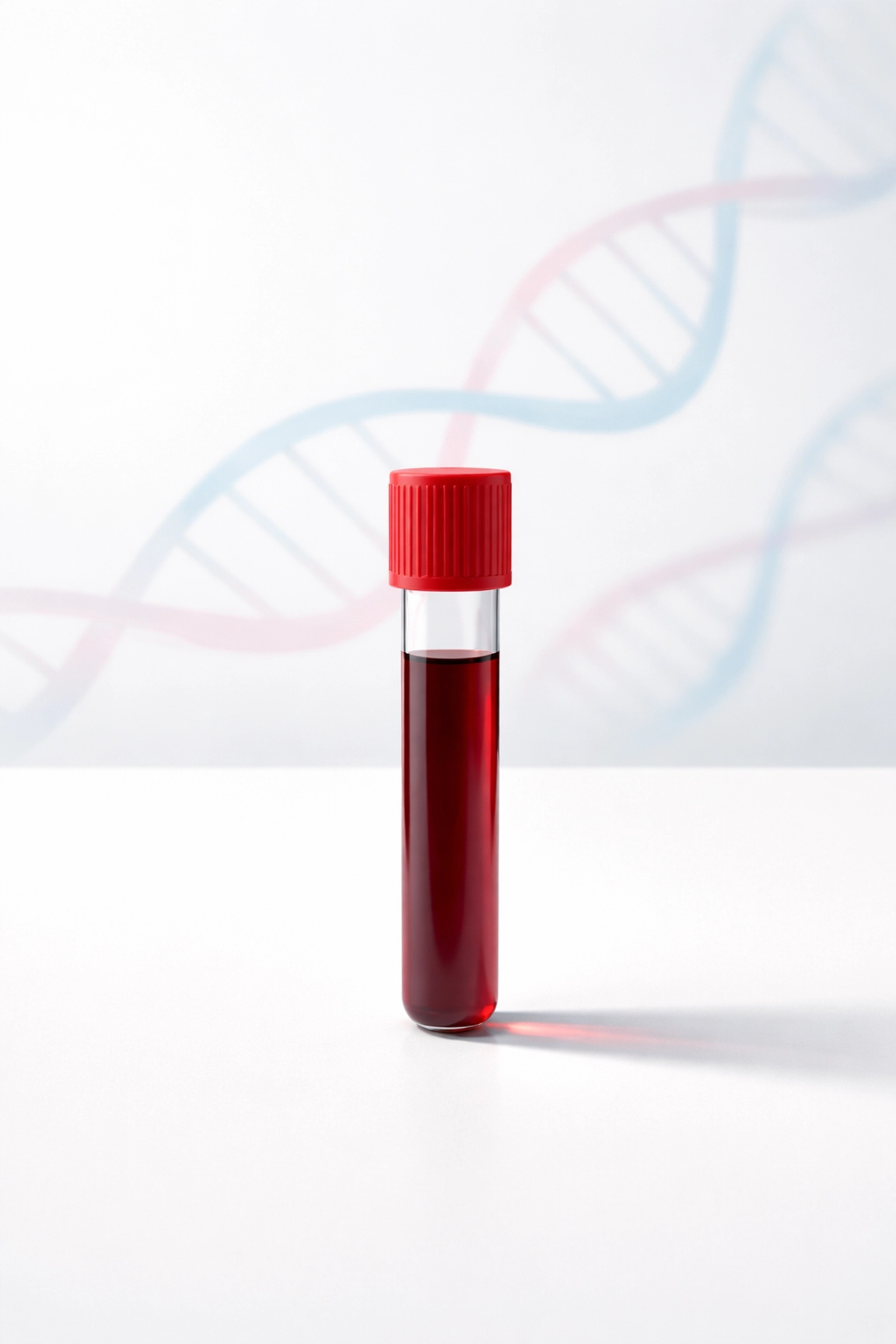 Blood vial and DNA helix represent precision of biological age testing through blood biomarkers.