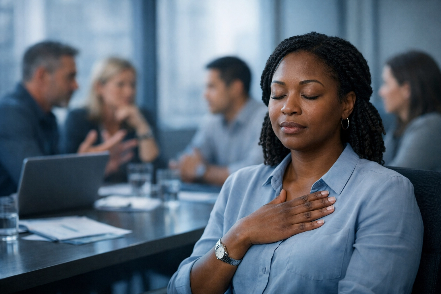 Diverse team member practicing self-reflection during workplace meeting about suppressed emotions