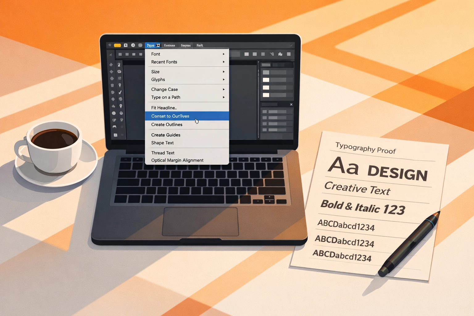 Designer workspace showing Adobe Illustrator Type menu with Create Outlines option for font preparation