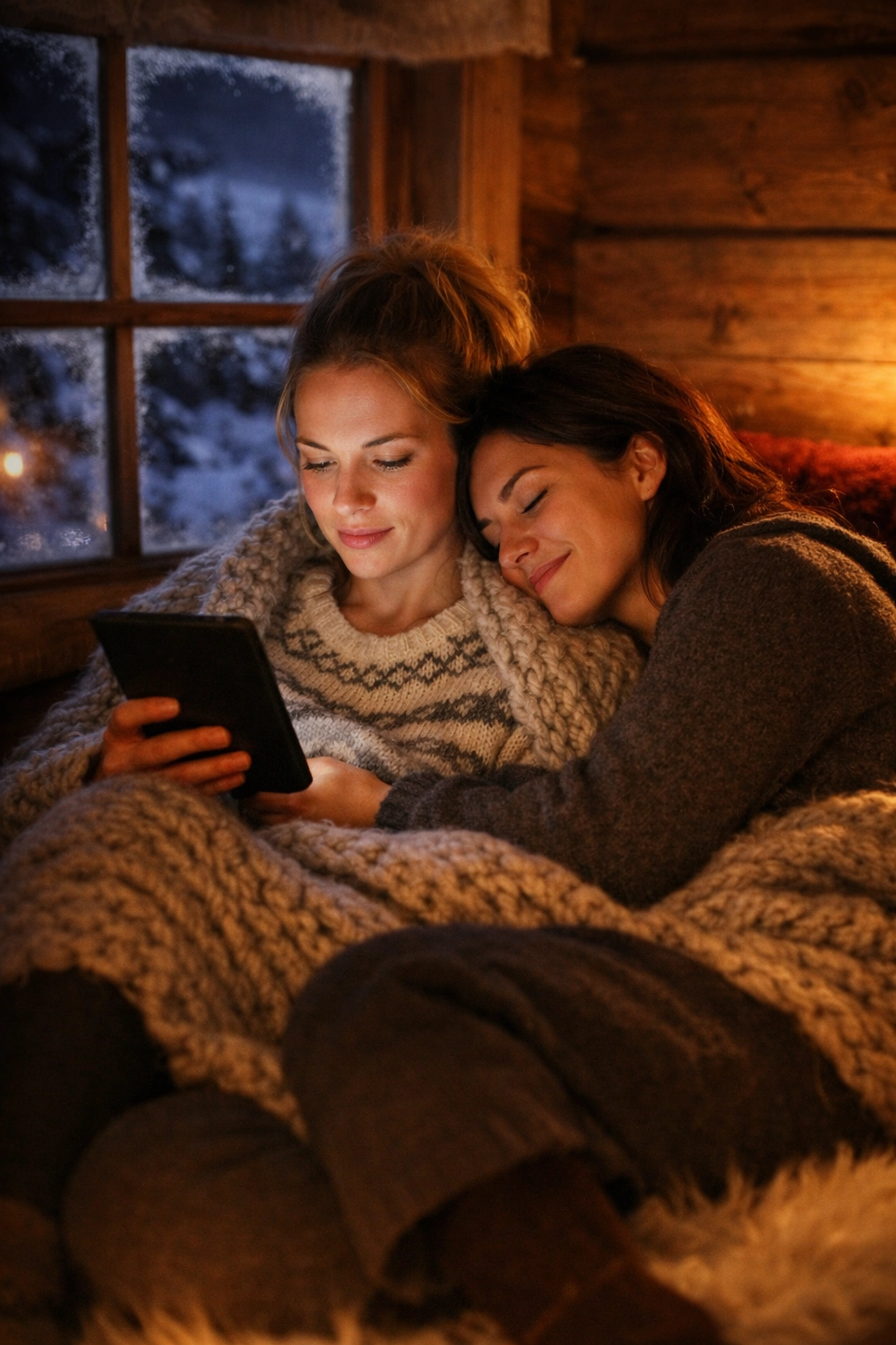 Lesbian couple reading LGBTQ+ books together in a cozy winter cabin, evoking a romantic queer fiction vibe.