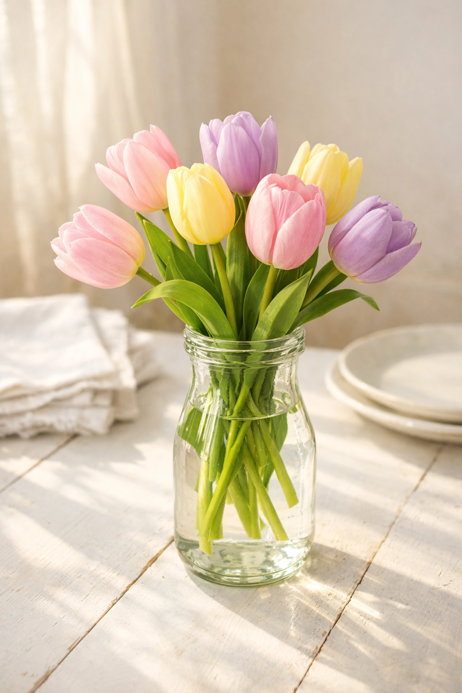 Pastel tulips in vintage glass vase creating simple DIY Easter centerpiece on spring table
