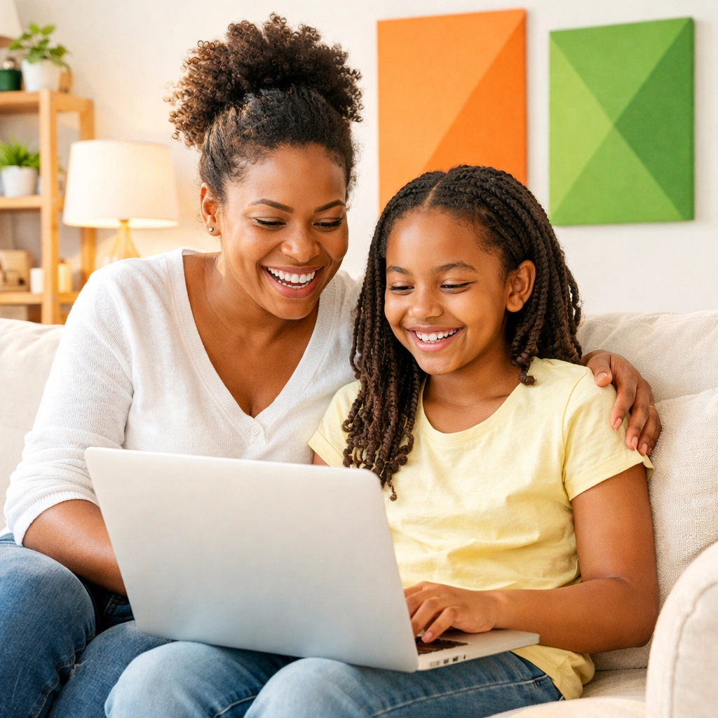 Mother and daughter learning together on laptop using online life skills platform at home