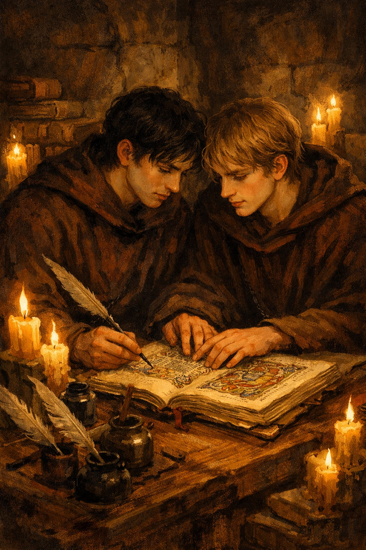 Medieval male scholars' hands nearly touching over manuscript in monastery scriptorium