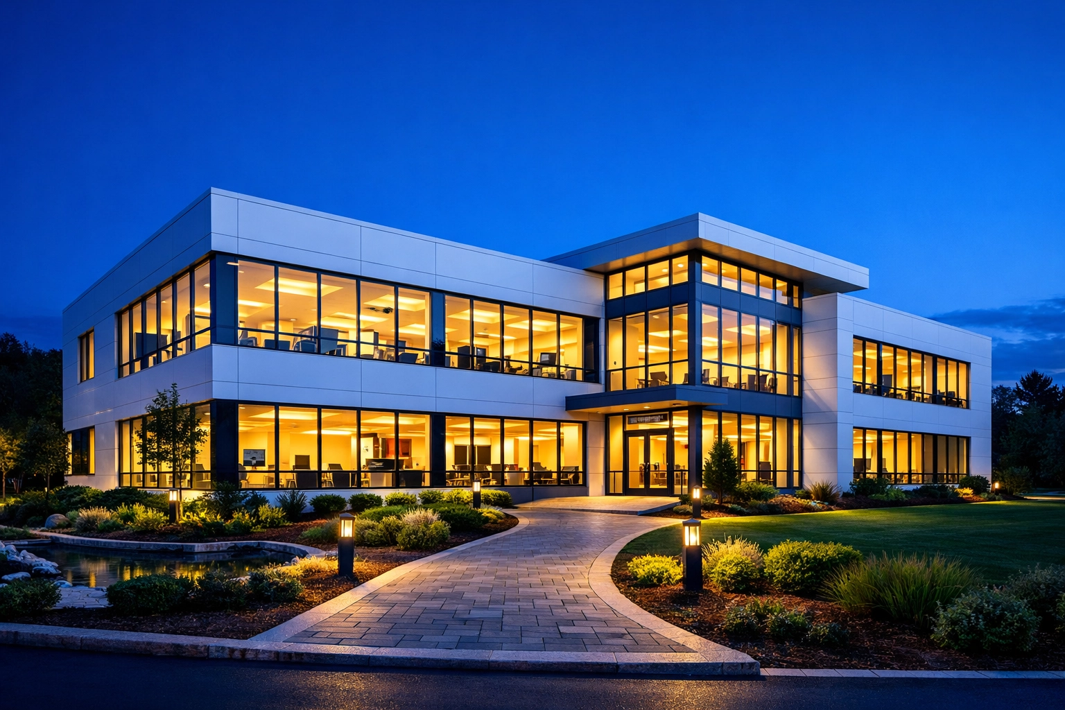 Modern Wayland commercial building exterior with clean windows, showcasing professional facility maintenance.