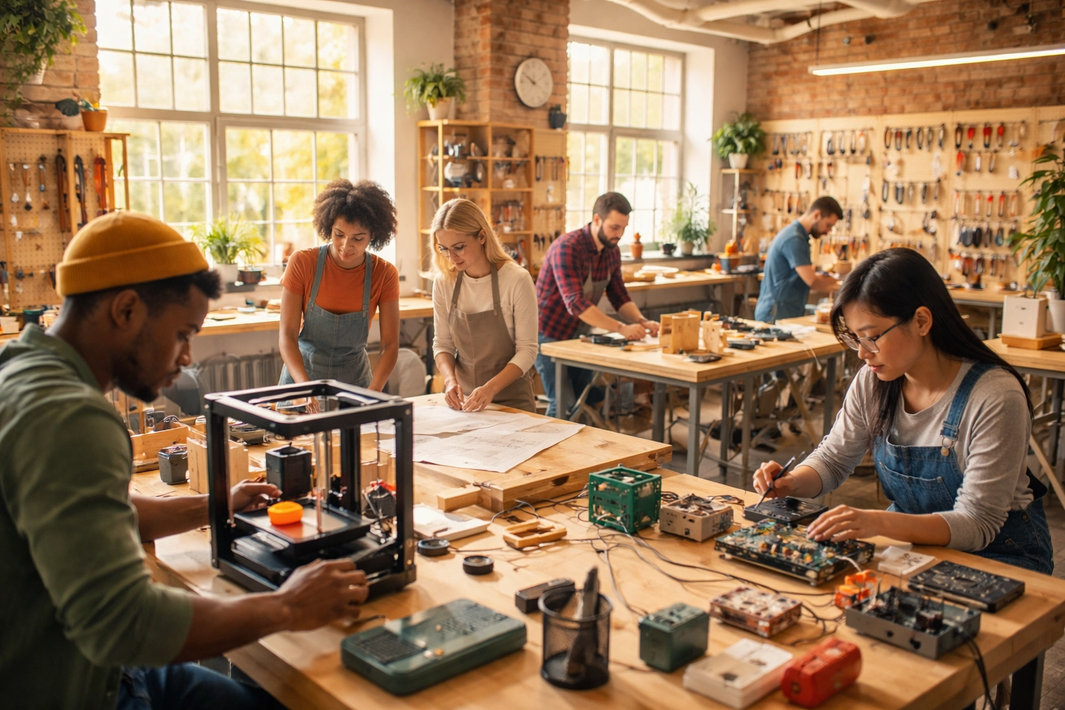Collaborative makerspace with diverse people engaging in creative projects in an accessible, inclusive environment