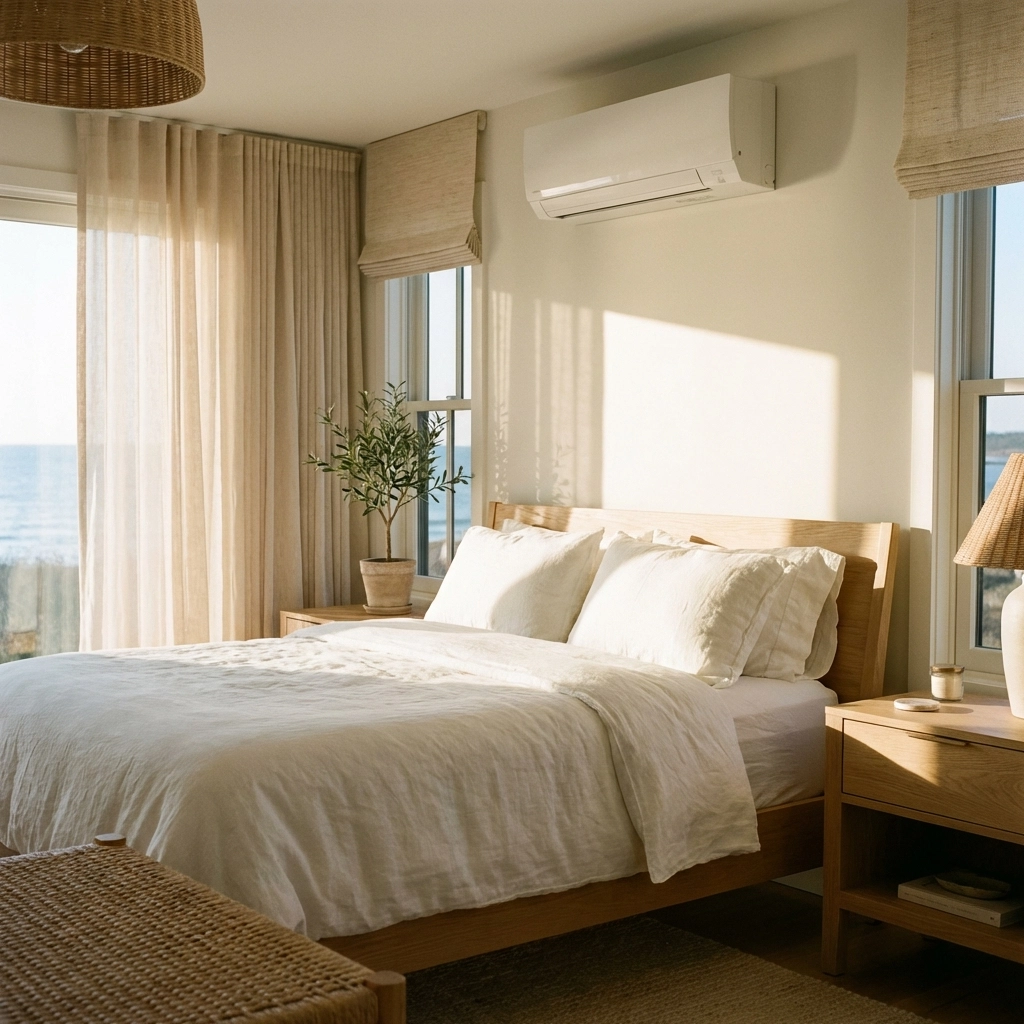 Cozy master bedroom in a Maine coastal home featuring a discreet wall-mounted mini-split unit for efficient, comfortable climate control.