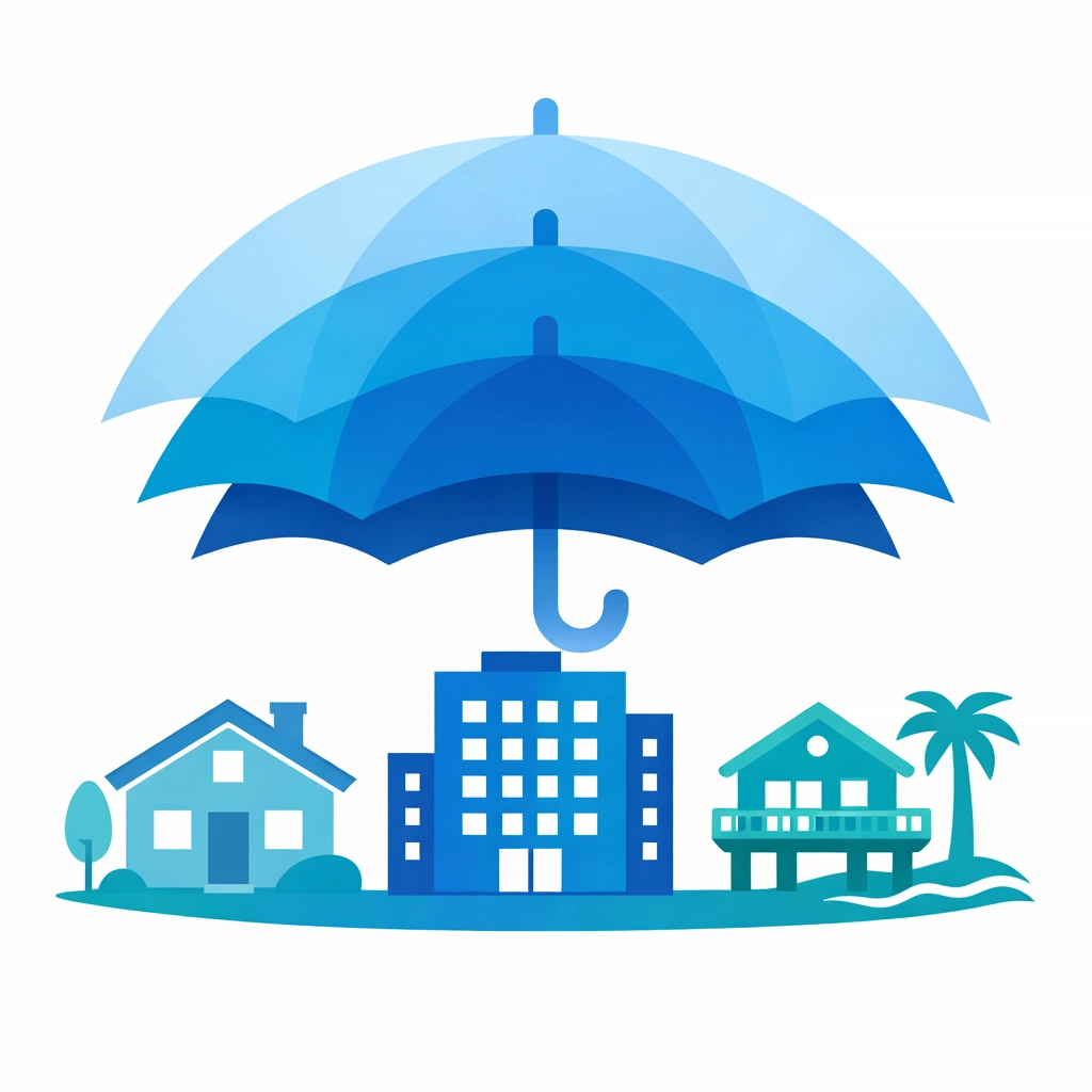 Layered umbrella insurance protection for multiple rental property types and portfolios