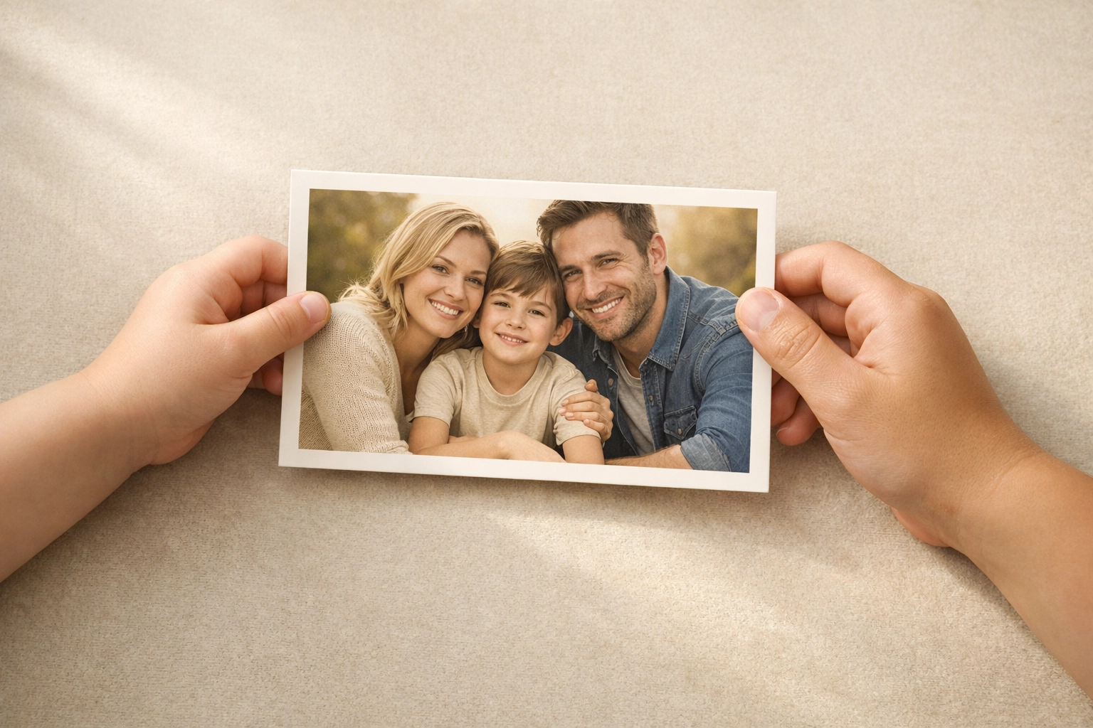 Children's hands holding family photo symbolizing shared custody arrangement