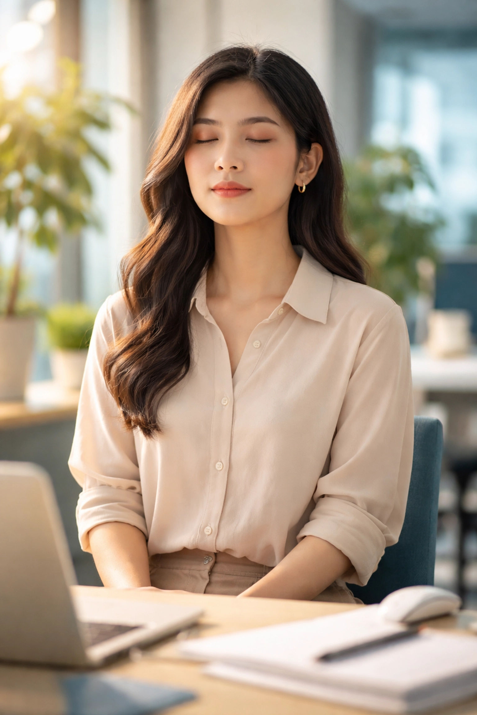 Woman practicing mindful breathing at her desk to reset her afternoon mindset