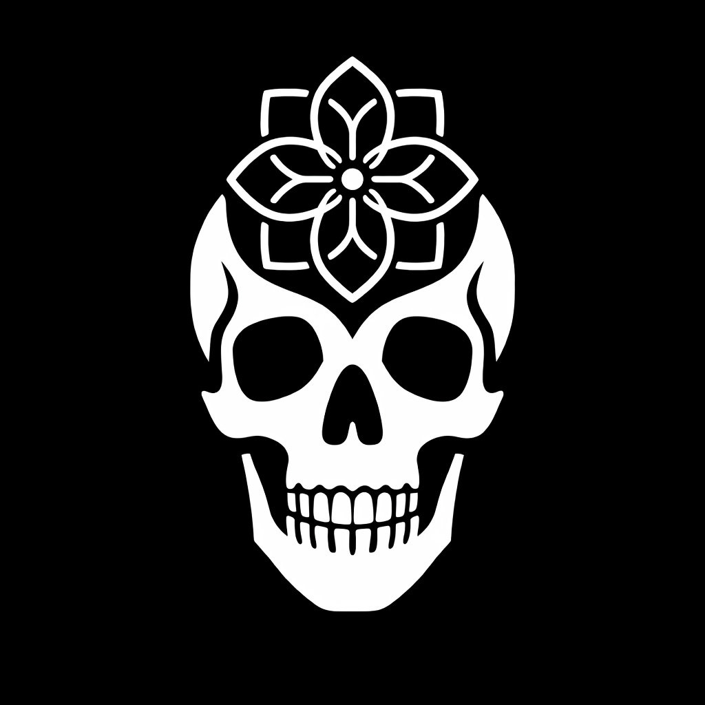 An iconographic, minimalist representation of a skull merged with a geometric flower.