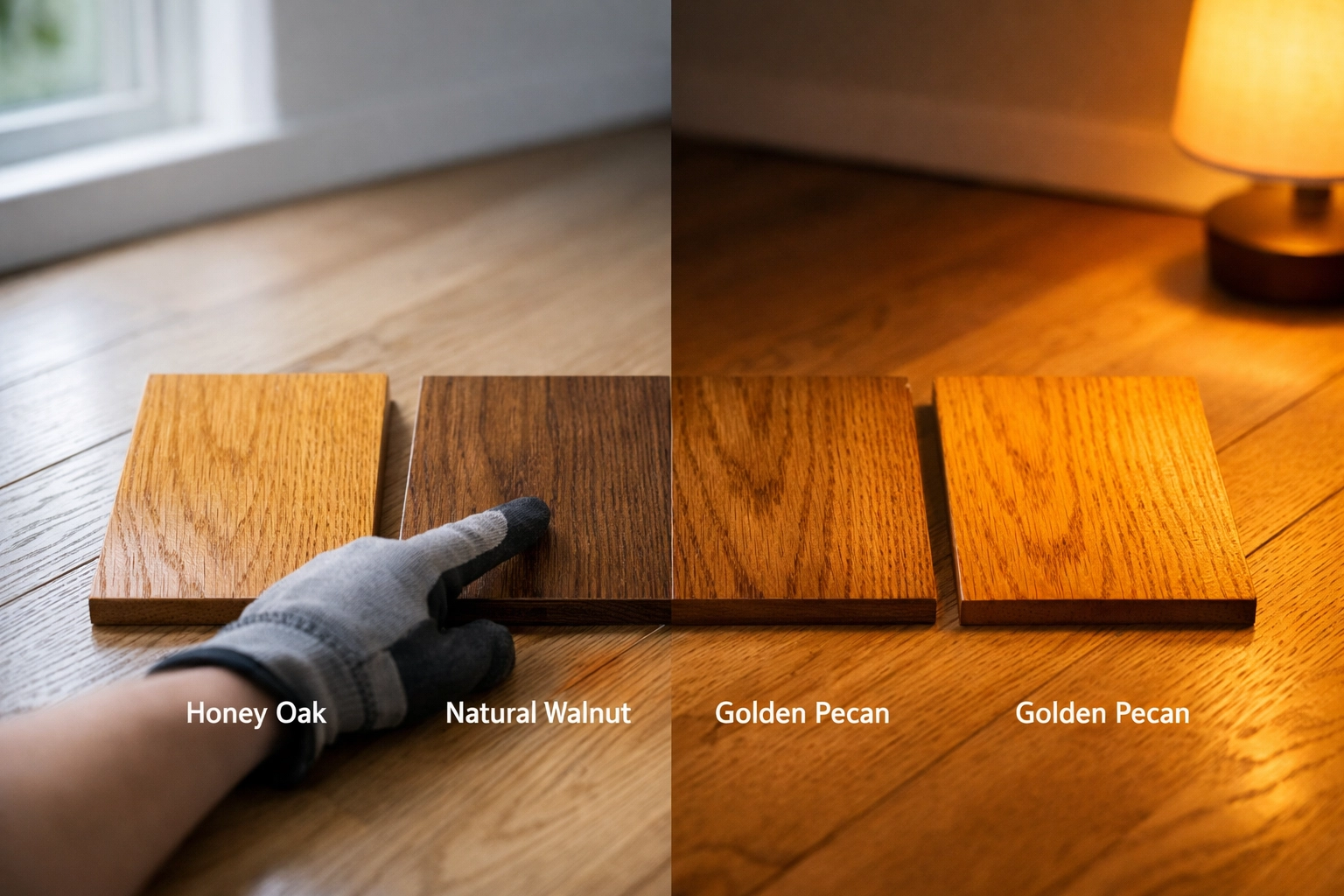 Testing hardwood stain samples in warm tones including honey oak and walnut