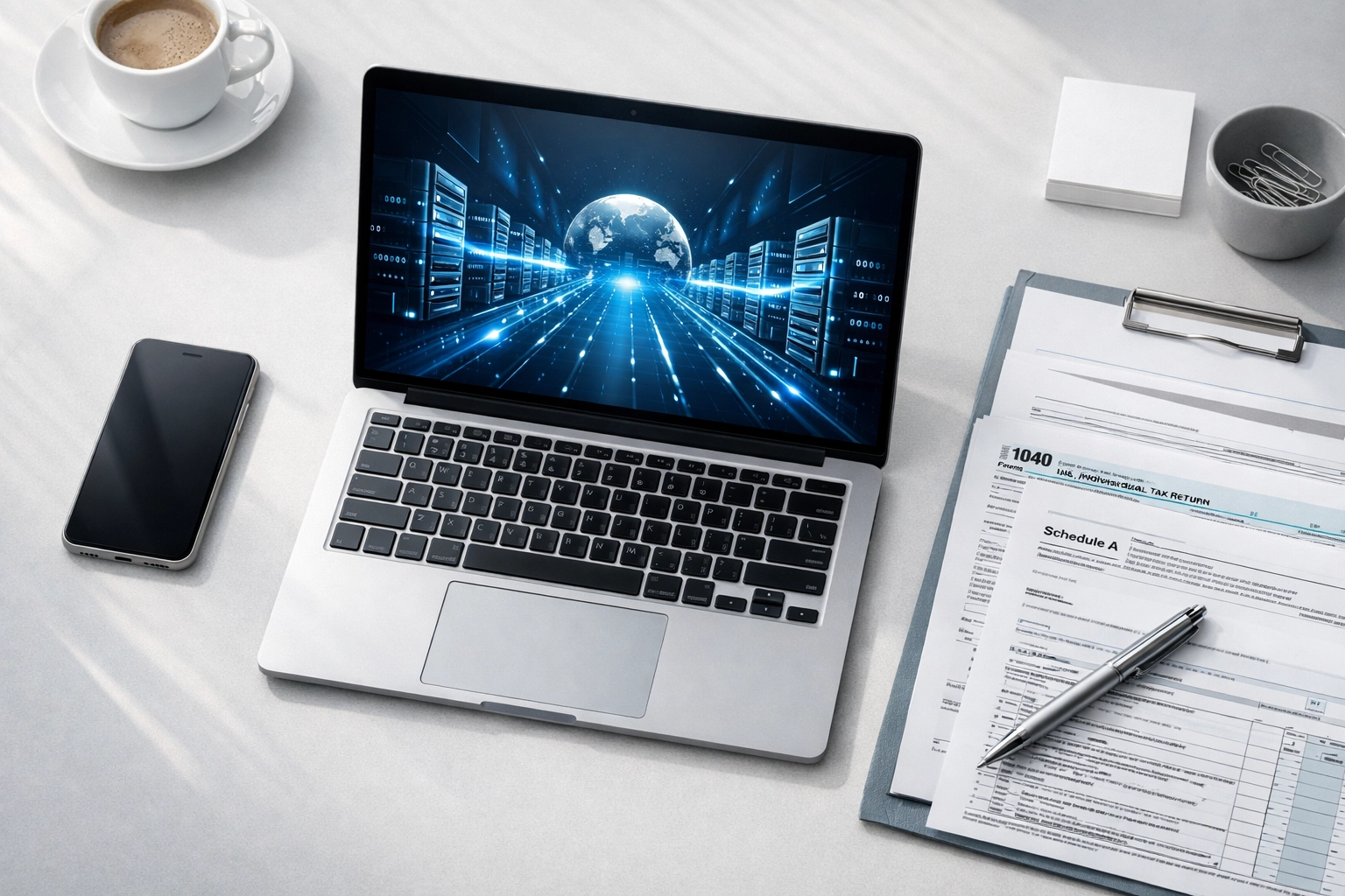 Tax professional workspace with laptop showing electronic filing transmission for California ERO operations