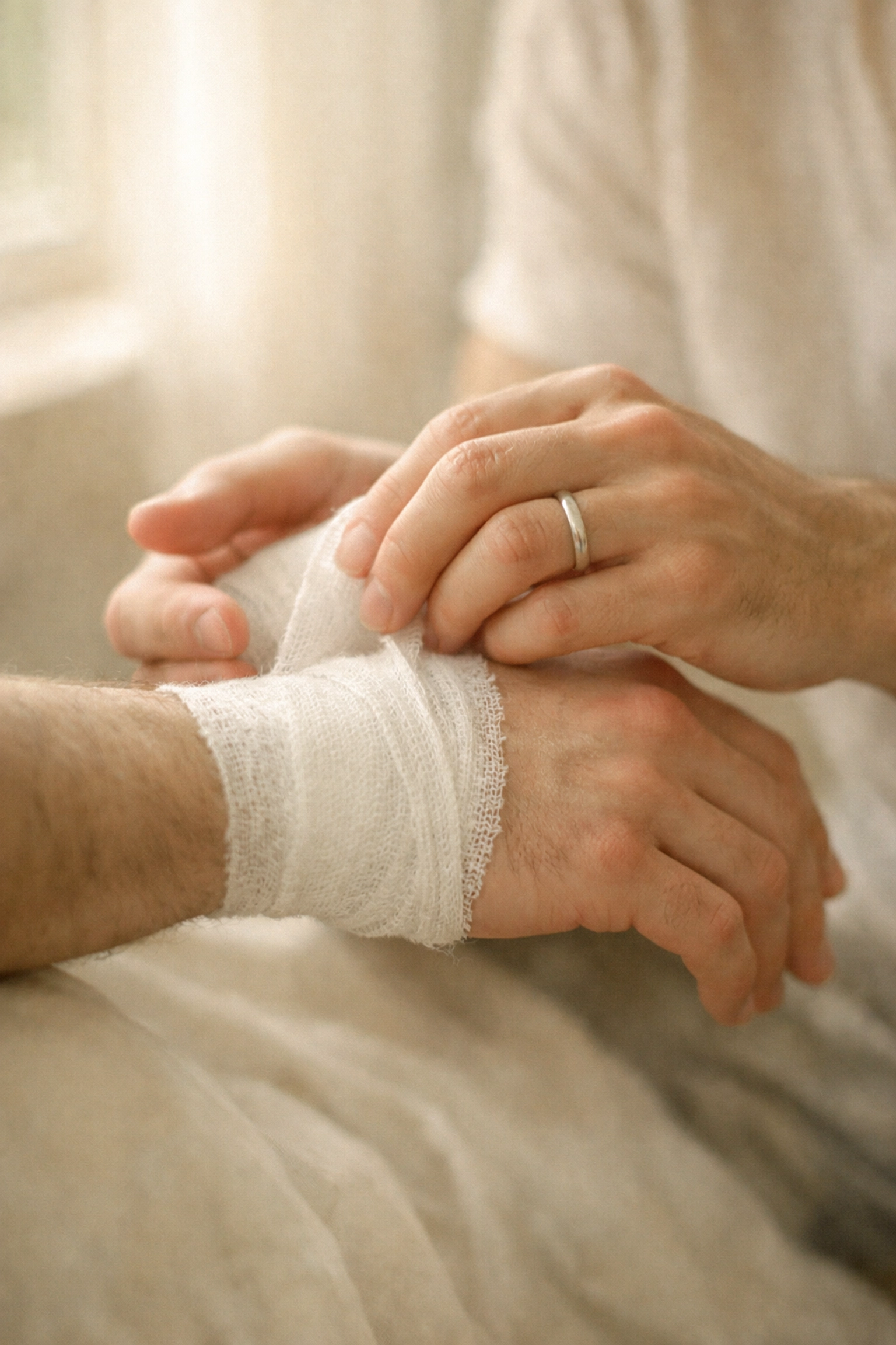 Tender hands bandaging wrist showing caregiving in gay romance hurt/comfort story