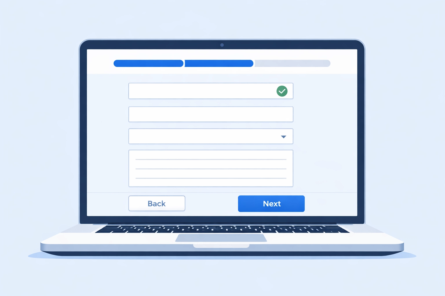 A simplified multi-step online form on a laptop screen with a progress bar for higher conversions.
