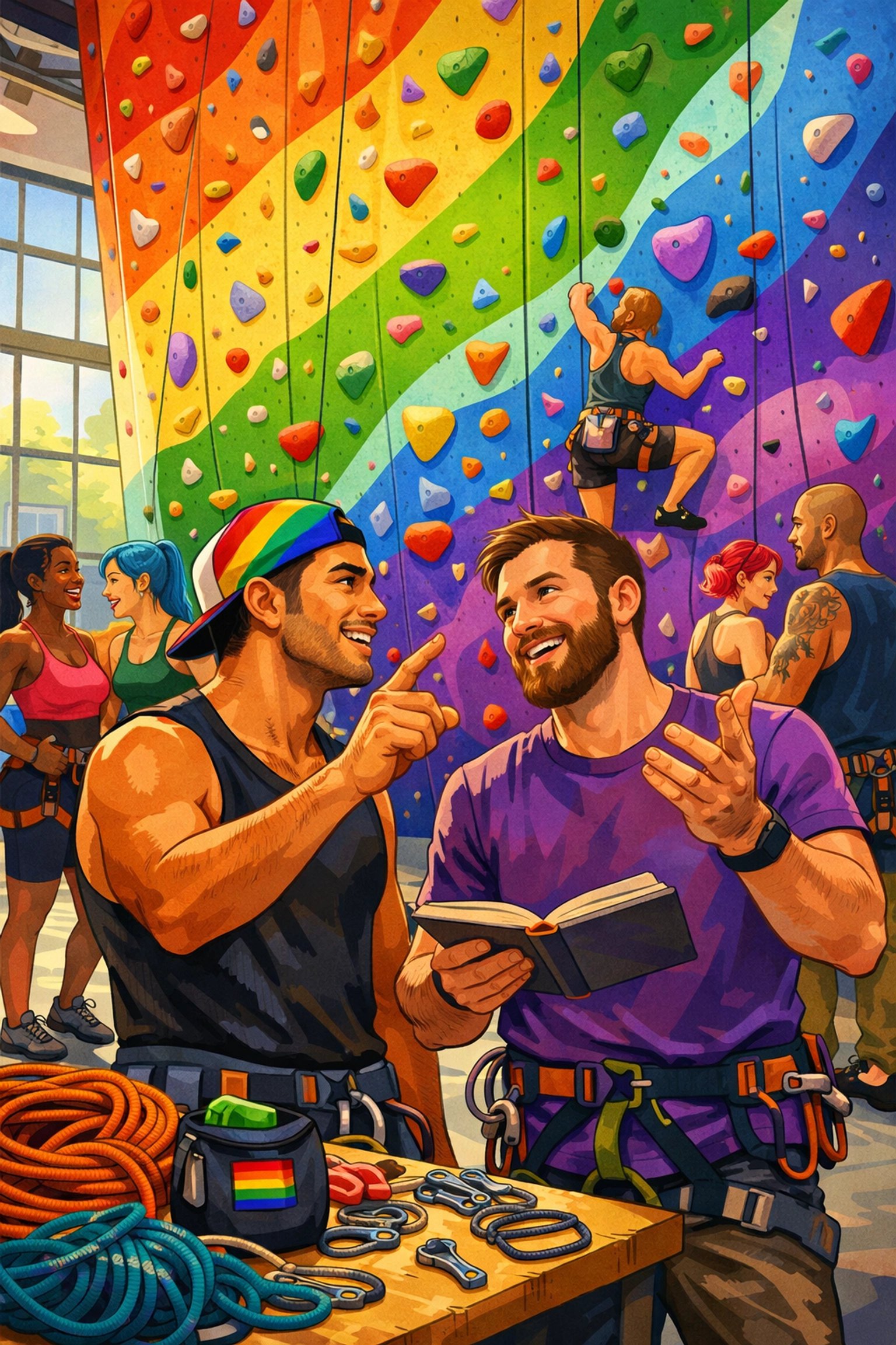 LGBTQ+ climbers gathered at indoor climbing gym with rainbow holds building queer community