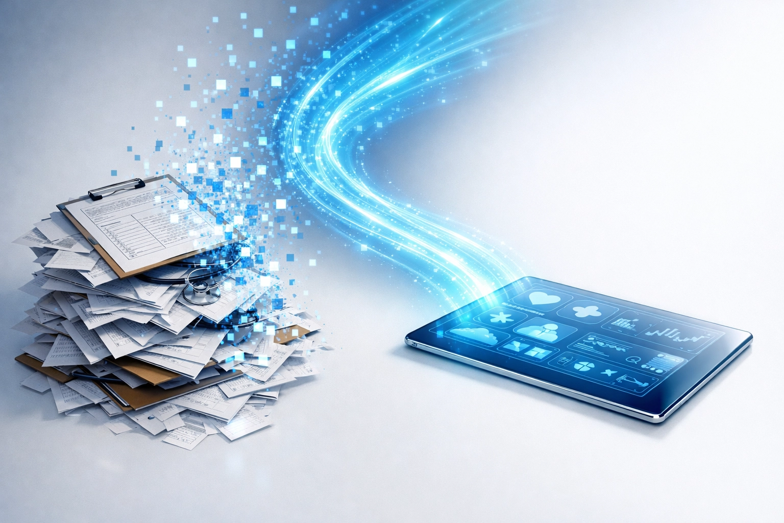 Paper medical forms digitizing into a tablet, representing AI patient intake automation.