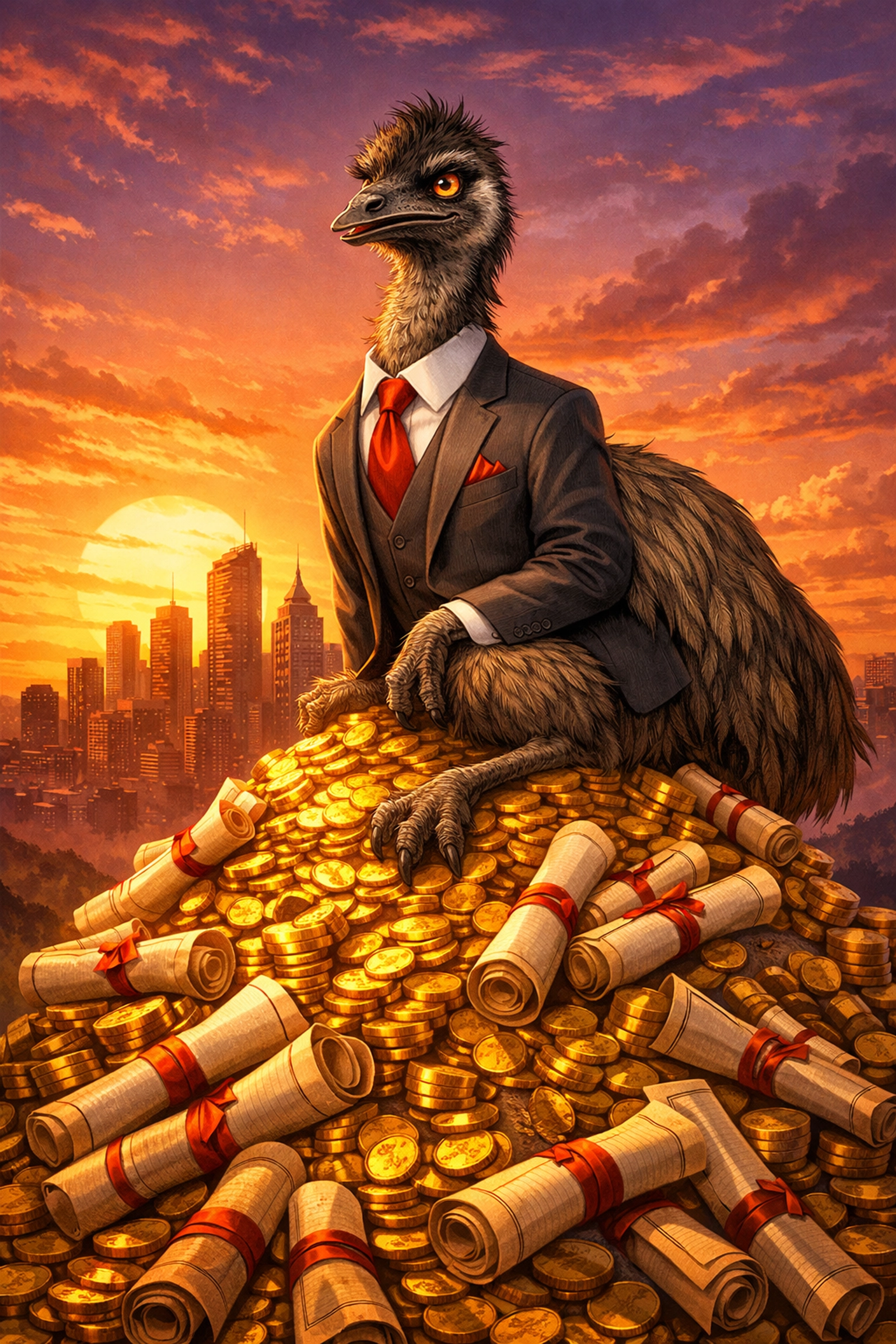 A business emu on a pile of gold representing insurance profits and a car accident settlement in GA.