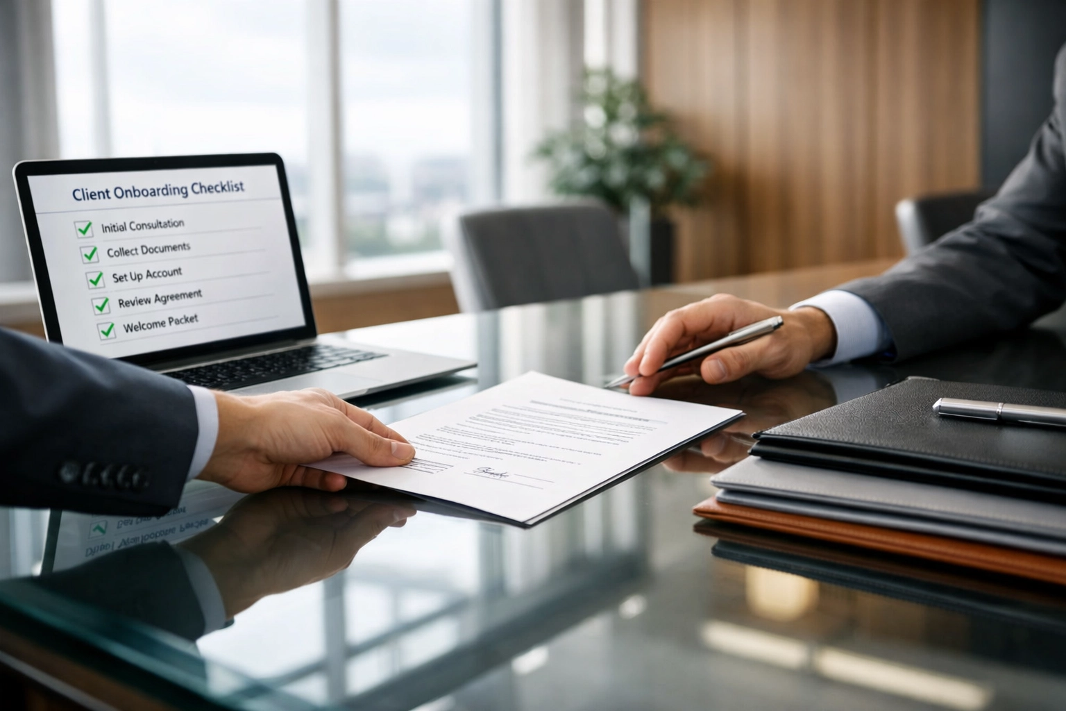 Service bureau client onboarding meeting with document signing