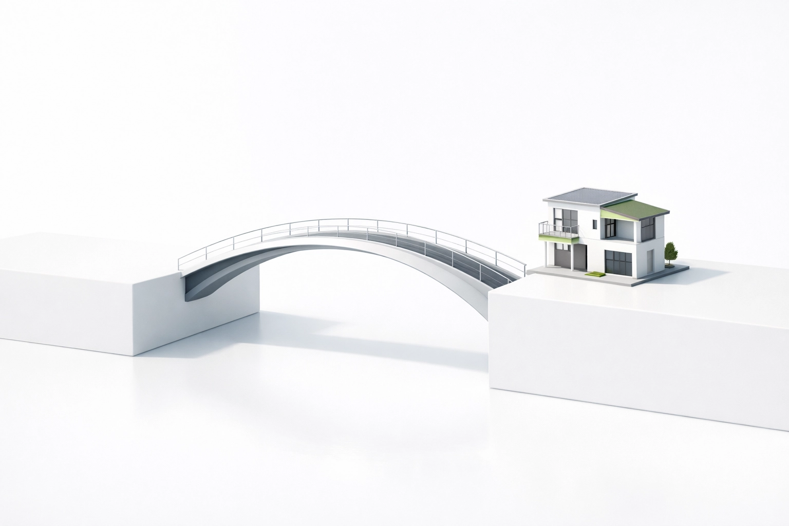 Symbolic architectural bridge and residential building representing fast Texas real estate bridge loan funding.
